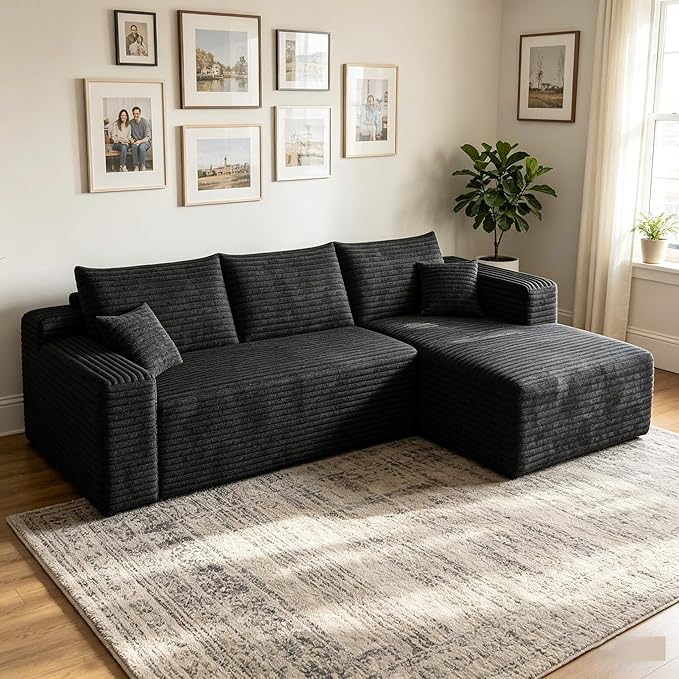 94" Boneless Couches with Right Facing Chaise for Living Room,Corduroy Sectional Couch,L-Shape Cloud Couches Compressed Memory Foam Cloud Sofa,No Assembly Required,Black