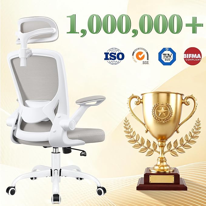 BESTFAIR Office Chair Ergonomic Desk Chair, Breathable Mesh Office Chairs with Adjustable Lumbar Support, Flip-Up Arms, Computer Desk Chair Comfy for Home Office, Light Gray