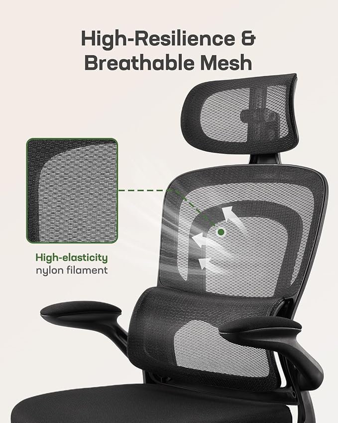 Marsail Office Chair Ergonomic-Desk Chair: High Back Mesh Office Chair with Lumbar Support,Flip-Up Armrests&2D Headrest,Gaming Chair with Rocking Tilt, Swivel Computer Task Chair for Long Hours
