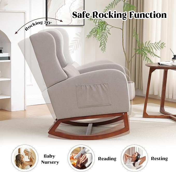 HCHAIRH Rocking Chair Nursery, Nursery Rocking Chairs with Foot Rest, Comfy Glider Rocker Nursing Chair with Back Pillow for Nursing, Living Room, Bedroom, Light Grey