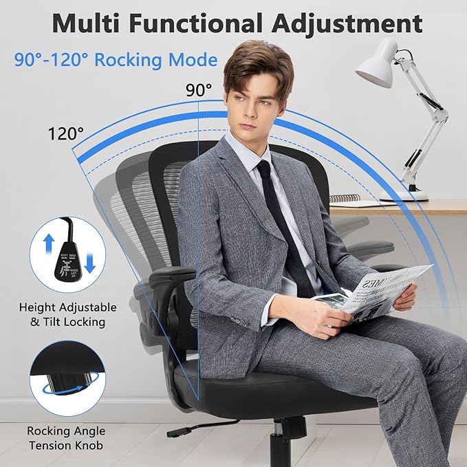 KLASIKA Desk Chairs with Wheels, Ergonomic Mesh Back PU Leather Seat Home Office Adjustable Lumbar Support and Height Swivel Rolling Computer Task Chair with Flip Up Arms for Conference, Black, 2PK