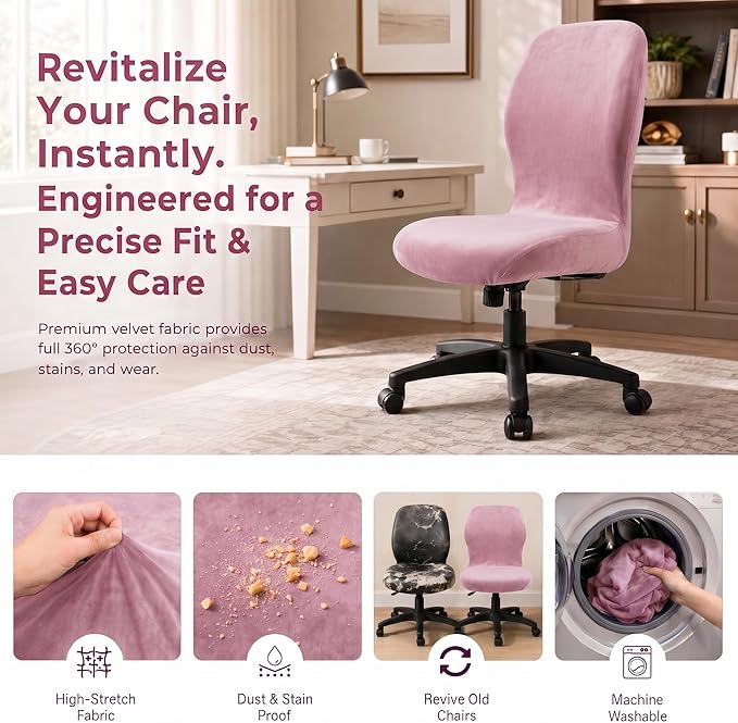 Deisy Dee Velvet Stretch Armless Office Chair Covers - Colorful Stretch Slipcover for Desk Chairs (Pink)