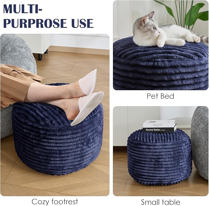 SHOUREN Stuffed Round Ottoman,Corduroy Pouf Ottoman Foot Rest with Foam Filling,Pouf Storage Ottoman Footstool for Living Room,20 X 15 Floor Poufs for Couch - 20 X 15 Inches,Navy