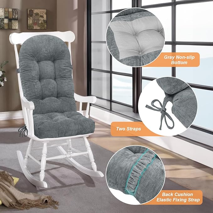 Rocking Chair Cushion - Chenille Fabric, High-Density Sponge, Durable Comfort Non-Slip Bottom Tufted Seat Pads with Ties, Chenille︱Light Grey, 44x19x4 inch