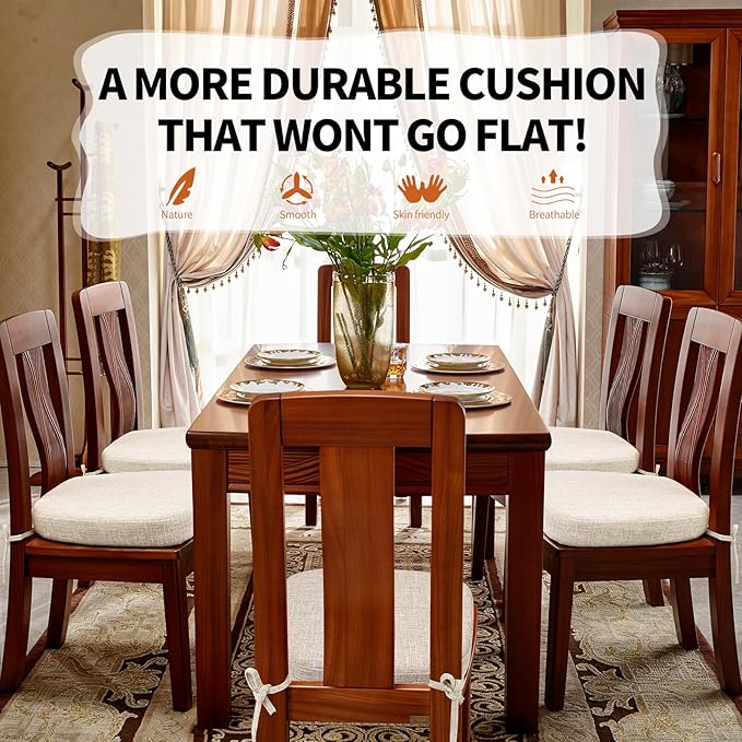 SINOSSO Thickened 2.5" Dining Chair Cushions, Soft Blended High Density Support Foam Kitchen Seat Cushions with Ties, U-Shaped Non-Slip Indoor Chair Pads, 16.5" x 16", 2 PCS, Beige