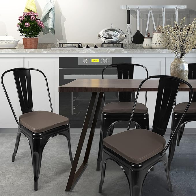SINOSSO Modern Faux Leather 14" Metal Chair Cushion, Leathaire Magnetic Chair Pad for Dining Kitchen Cafe Bistro Stackable Chair (U-Shape, Brown, 1)