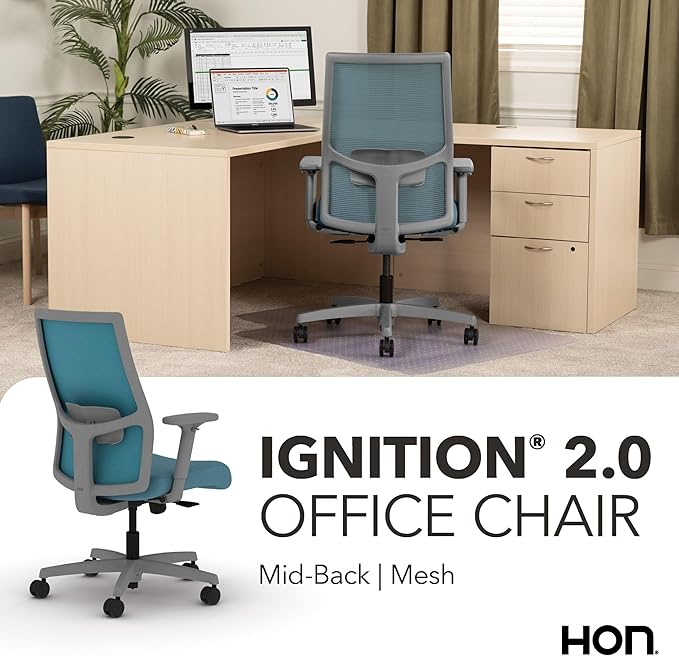 HON Ignition 2.0 Mid Back Task Chair, Spectrum Mesh, Standard Synchro-Tilt Control, Office Chair with Lumbar Support, Height and Width Adjustable Arms, Titanium Frame, Sky