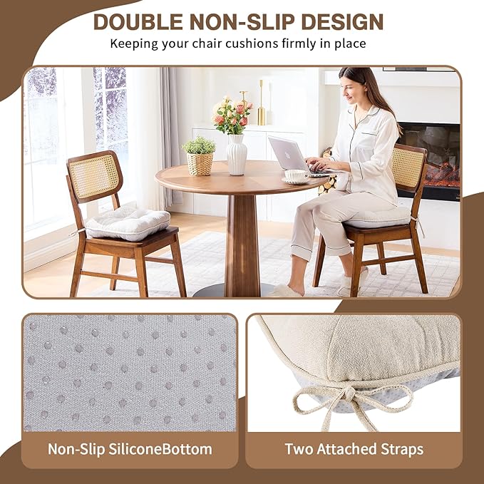 BETU Chair Cushions for Dining Chairs Set of 4,3.5" Thick Kitchen Table Chair Pads with Ties,Non Slip Backing and Covers, Seat Cushion for Dining Room,Bar,Patio Chairs,15.5"X15.5"X3.5",Beige