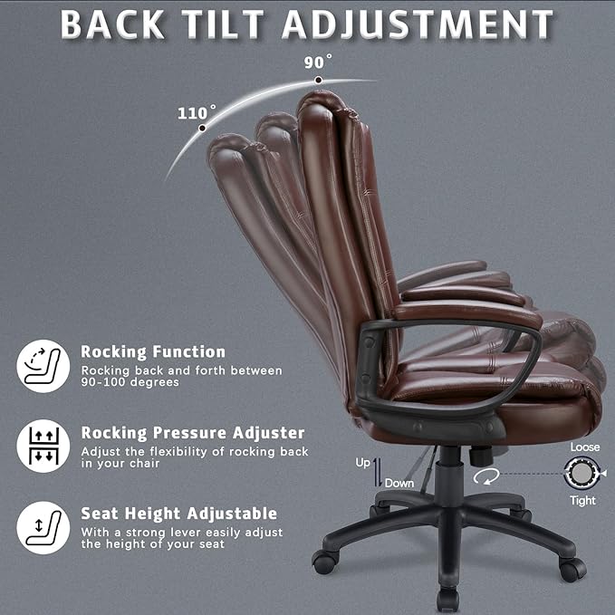LEMBERI Office Desk Chair, Managerial Executive Chair, High Back Computer Chair, Ergonomic Height Adjustable PU Leather Chairs with Cushions Armrest for Long Time Sitting (Brown)