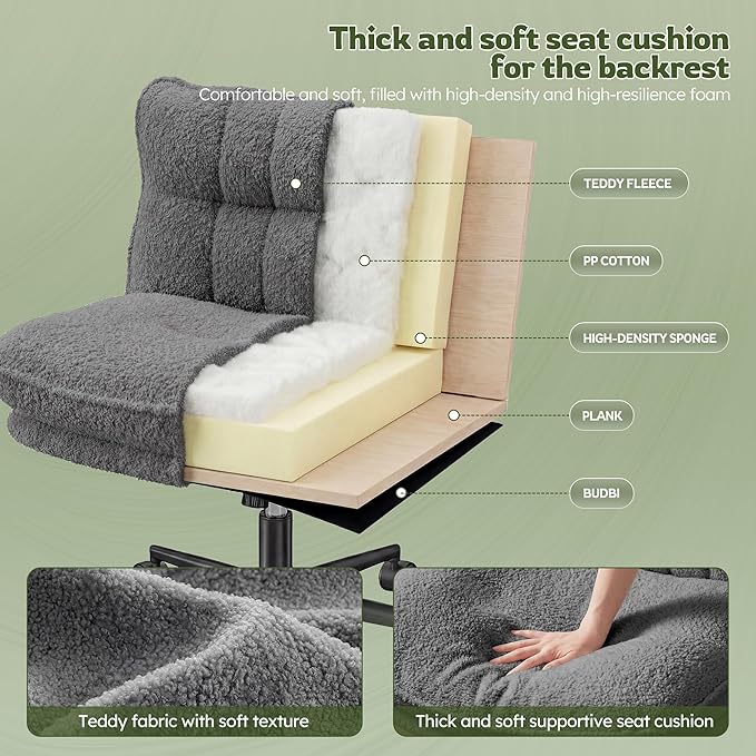 DurayLoly Criss Cross Chair with Wheels, Thick & Wide Cross Legged Office Chair with 95-120°Reclining Function, Armless Adjustable Swivel Task Chair for Bedroom, Home Office,Grey