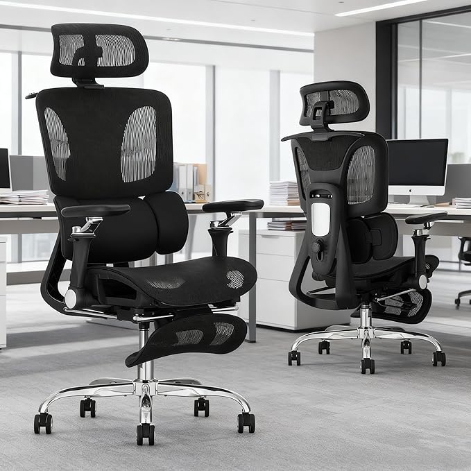 Ergonomic Office Chair with 3-Zone Dynamic Lumbar Support, Big and Tall Mesh Office Chair with Footrest, Adjustable Seat Depth,4D Headrest,6D Armrests, Swivel Executive Chair for Home Office,Black