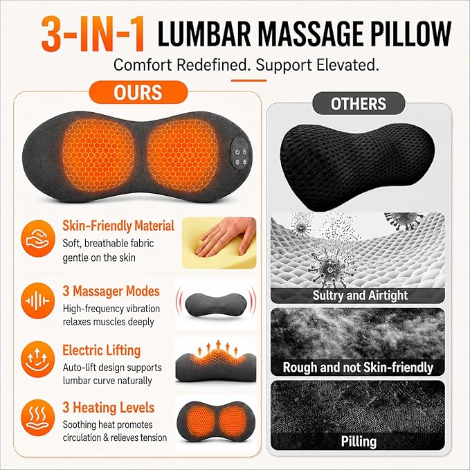 Cordless Lumbar Support Pillow for Pain Relief Deep Tissue, 3-in-1 Heated Lower Back Massager Pillow with 3000mAh Battery, Heat, Massage, Electric Stretch, Back Support Pillow for Office Chair Car