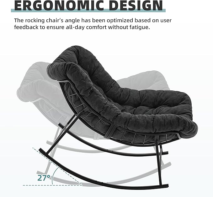Oversized Rocking Chair Indoor, Papasan Rocking Chair Outdoor, Lounge Chair with Cushion, Patio Egg Rocker Chairs, Comfy Reading Chairs for Bedroom, Living Room, Garden, Lawn, Dark Grey