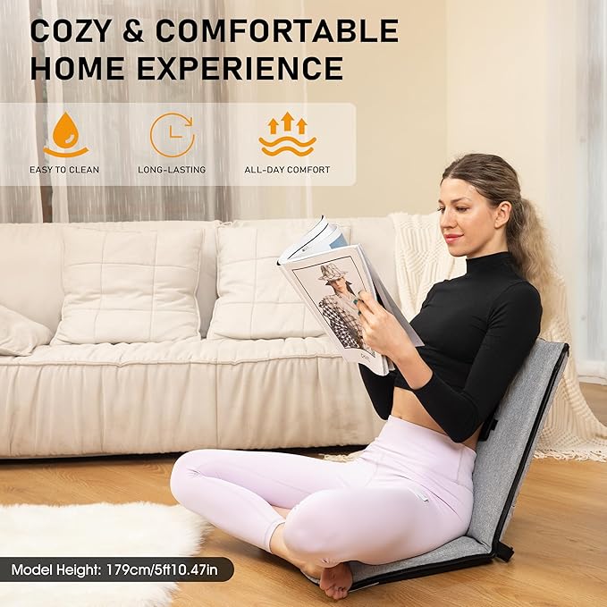 FASTMOMENT Floor Chair with Water Repellent Fabric 14-Position Adjustable Floor Chair with Back Support Portable Ground Seating for Adults Foldable Meditation Seat with Washable Cover (Light Grey)