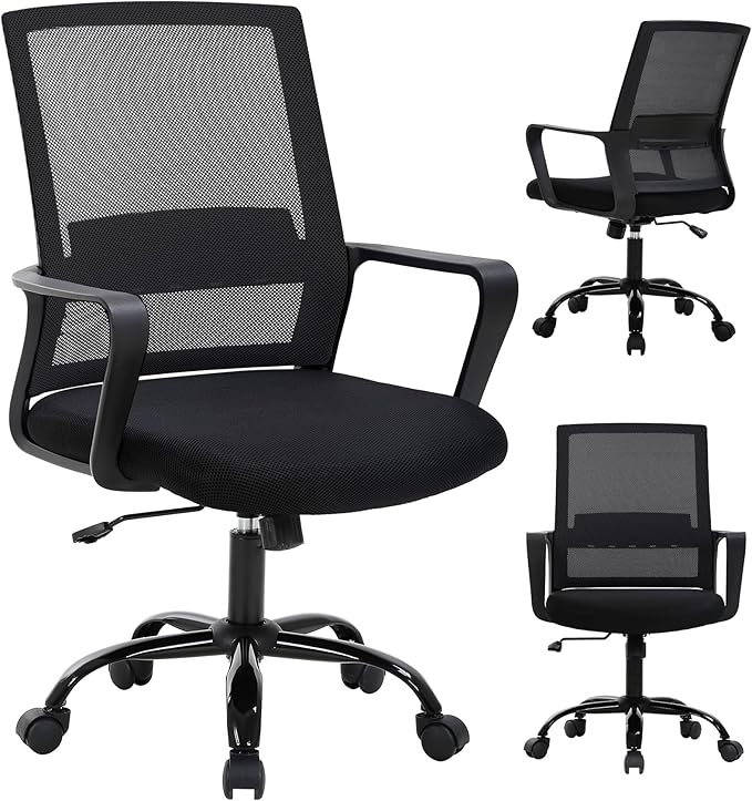 Ergonomic Office Chair, Breathable Mesh Desk Chair, Swivel Computer Chair with Wheels & Adjustable Height & Comfort Seat for Home Office, Gaming Room, Black