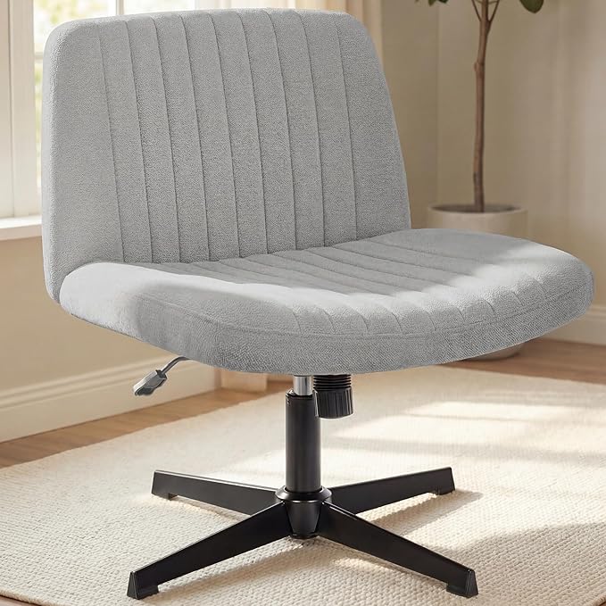 NEO CHAIR Criss Cross Chair No Wheels Armless Cross Legged Office Desk Wide Comfy Vanity Makeup Chair Adjustable Computer Task for Home Office Fabric (Grey)