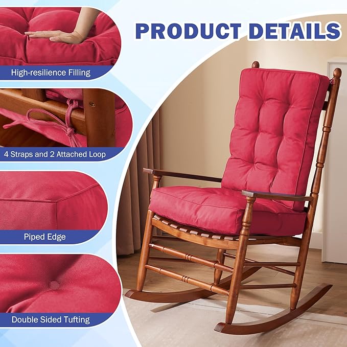 IPYNBAP Rocking Chair Cushion, Waterproof and Fade-Resistant Patio Chair Cushions, Tufted Chair Pads for Rocker Furniture, 17x17 Inch, Indoor/Outdoor Seat Cushions with Ties, Burgundy (Pack of 2)