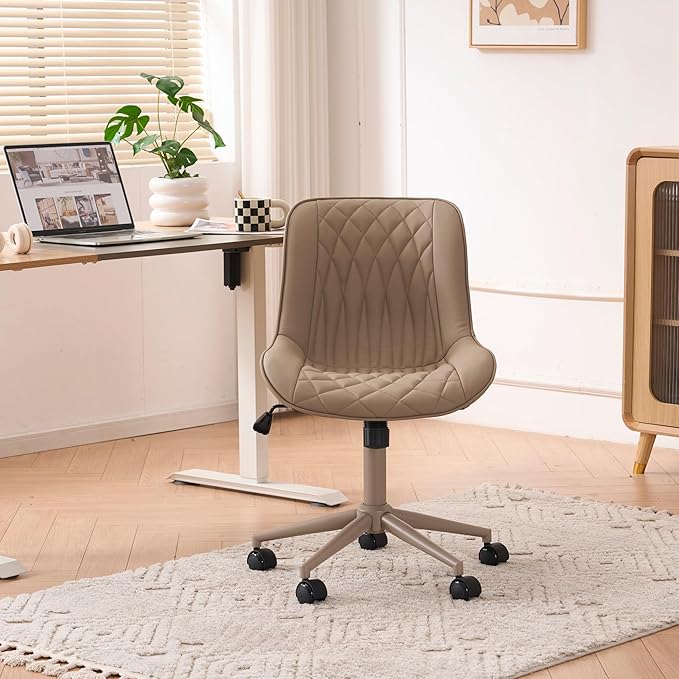 YOUNIKE Faux Leather Ergonomic Office Chair Armless Comfy Desk Chair with Rocking Back Cute Swivel Vanity Chair with Wheels Height Adjustable Small Computer Task Chair for Sewing Drafting Khaki