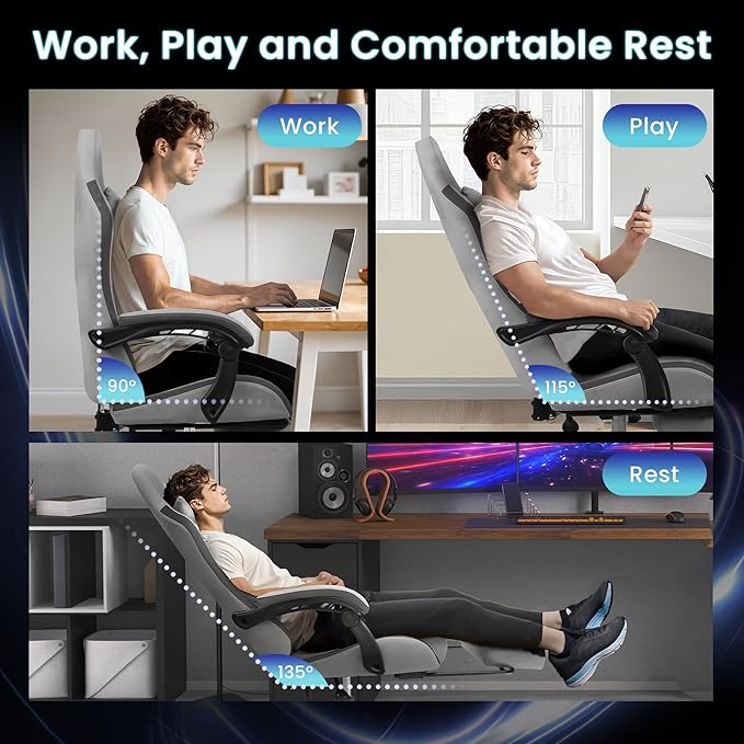 N-GEN GAMING Video Gaming Chair with Footrest Lumbar Support for Home Office High Back Recliner Height Adjustable Ergonomic Comfy Fabric Computer Desk Chair (Grey)