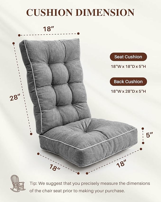 Rocking Chair Cushions Indoor, 5-inch Thicken Seat Cushion with Memory Foam Non-Slip Tufted Chair Pads Set of Seat & Back Cushion for Outdoor Rocker Living Room, Light Grey, 28x18x5/18x18x5