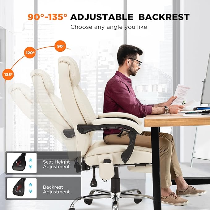 HOMREST Heated Office Chair with Vibrating Massage, Ergonomic Executive Desk Chair with Retractable Footrest and Lumbar Support, High-Back Reclining PU Leather Computer Chair for Home Office (Beige)