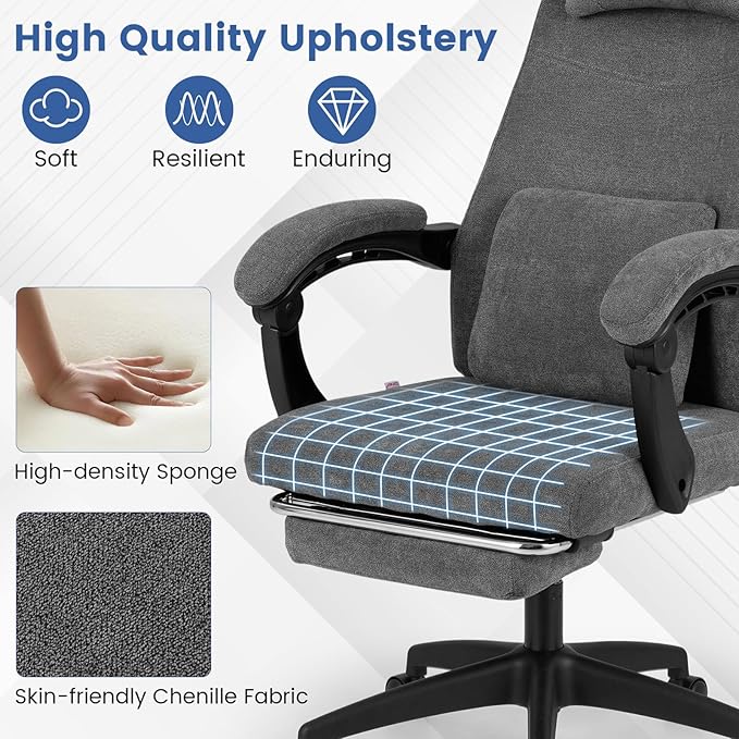 Giantex Reclining Office Chair, Chenille Fabric Desk Chair with Padded Linkage Armrests, Retractable Footrest, Neck & Lumbar Support, High-Back Ergonomic Executive Chair for Home Office, Gray