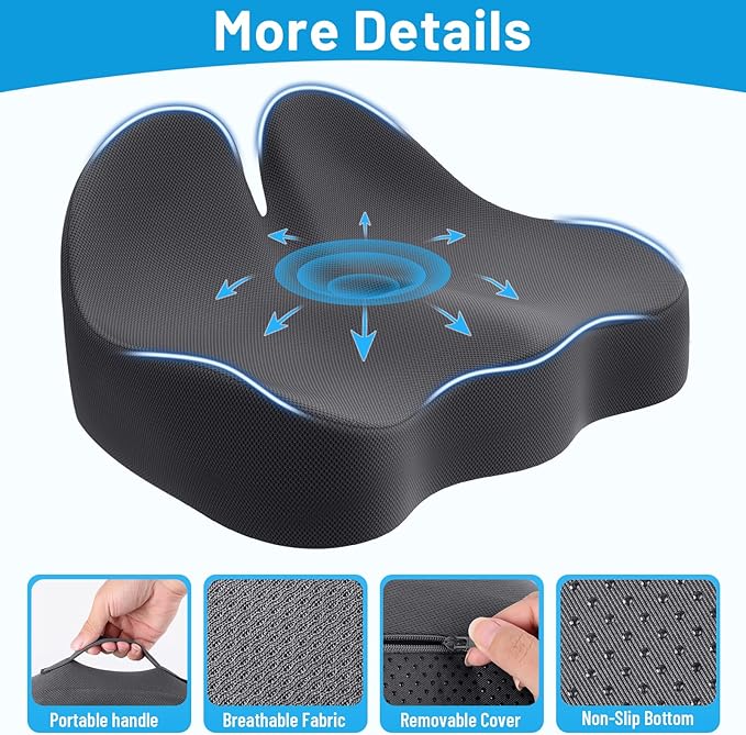 CushZone Memory Foam Seat Cushion for Office Chair, Ergonomic Coccyx Cushion for Desk Chair, Tailbone Support Pillow for Long Sitting, Non-Slip Seat Pad for Home, Car, Gaming Chair (Grey, X-Large)