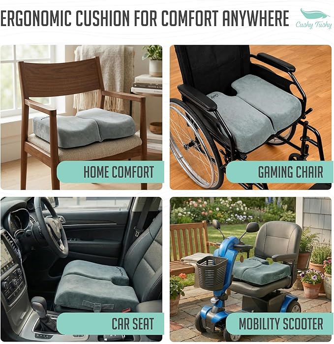 Cushy Tushy Premium Foldable Wheelchair Cushion - for Relief of Lower Back, Sciatic, Butt and Tailbone Pain - for Home & Office Use, Perfect for Travel or Driving - Gray Coccyx Seat Cushion