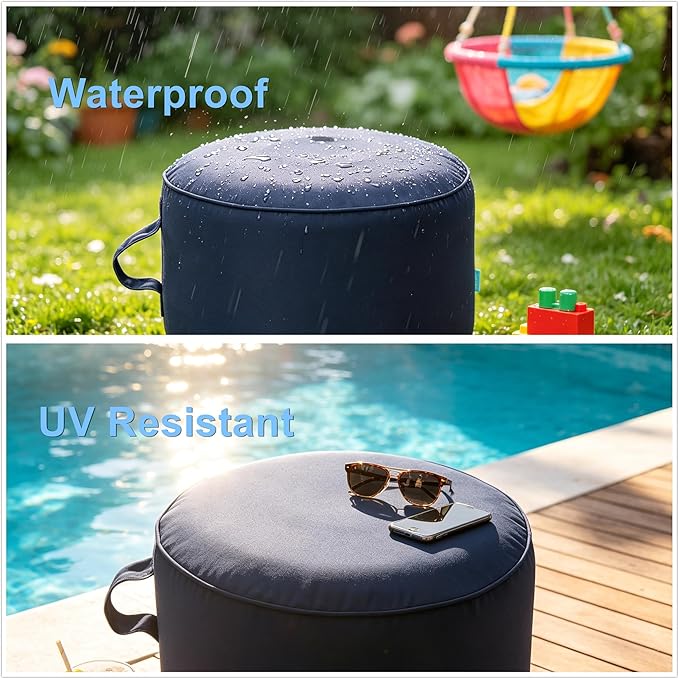 QILLOWAY Inflatable Outdoor Ottoman for Patio, Waterproof Round Pouf, Inflatable Foot Rest, Outdoor Footstool for Poolside, Garden，Camping,All Navy