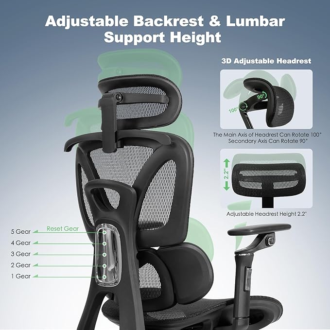 Ergonomic Mesh Office & Gaming Chair with Footrest, High Back Home Office Desk Chair, Comfortable 3D Lumbar Support, 130° Tilt, Adjustable Seat Depth, Adjustable 6D Armrest & 3D Headrest(Black Pro)