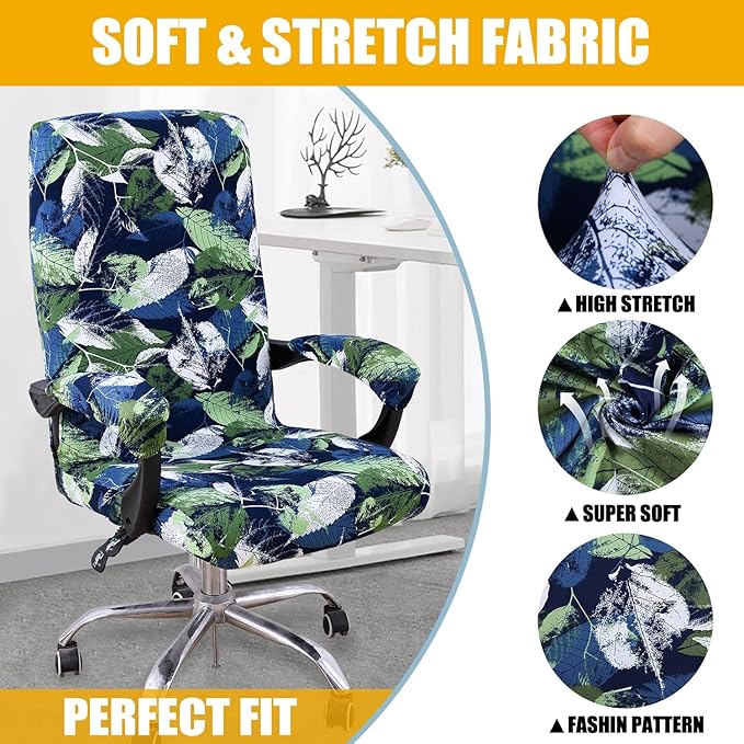 Smiry Stretch Printed Computer Office Chair Cover with Armrest Covers, Soft Fit Universal Removable Washable Desk Rotating Chair Slipcovers, Anti-Dust Spandex Protector with Zipper, Deep Green