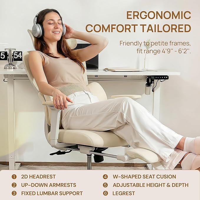 CabLady S1 Petite Ergonomic Home Desk Chair with Footrest and Headrest, High Back Fixed Lumbar Support with Detachable Pillow, Reclining Cute Office Chair for Women & Girls, 300 LBS Capacity