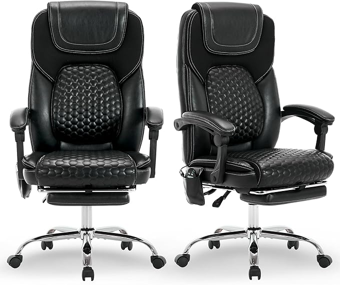 MALOL Massage Office Chair with Heat and Footrest - 3-Level 65°C Targeted Heating, 20-Min Assembly Leather Desk Chair, Big and Tall Executive Computer Chair with Side Pocket, 300 lbs, Black,Set of 2