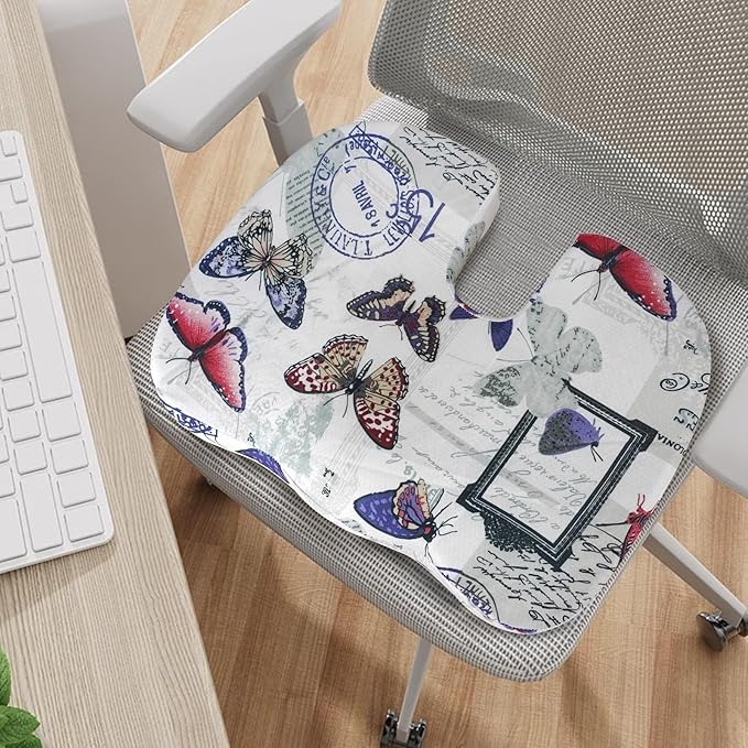 Pressure Relief Memory Foam Seat Cushion, 14x18 inches, Butterfly Pattern, Multicolor, Modern Style, For Office, School, Car, Wheelchair, Home, Plane, Train