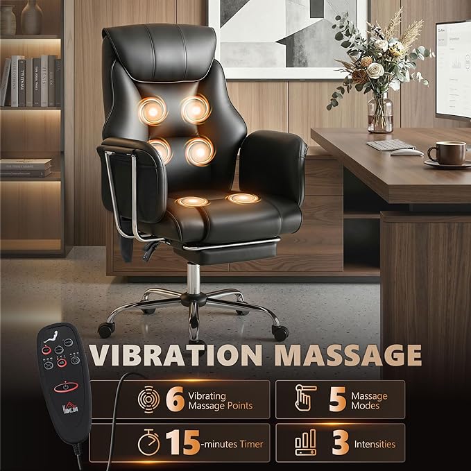 HOMCOM Massage Office Chair with 6-Point Vibration, Overstuffed Reclining Desk Chair with High Back, PU Leather, Footrest, Thick Spring Cushion, Lumbar Support, Adjustable Height, Swivel Wheels, Black