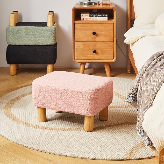 YMYNY Ottoman, Modern Footrest with Soft Padded Seat, Foot Stool with Wood Legs, Small Square Pouf Under Desk for Living Room Bedroom Office 15.74" D×11.41" W×9.84" H Pink UHBD030P