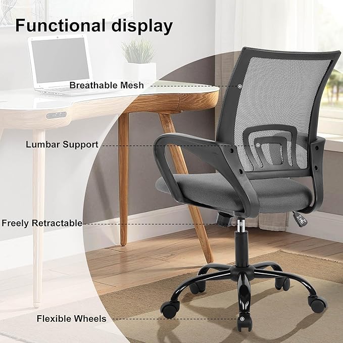 Computer Desk Chair,Work Chairs for Home Office,Ergonomic Office Chair with Lumbar Support,Mesh Office Chair with Arm and Wide Comfortable Seat,Adjustable Rolling Office Chair,Grey