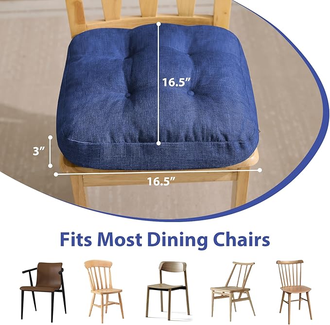 IASEAHK Chair Cushions, Dining Chair Cushions, Tufted Indoor Chair Pads, Set of 2, Navy Blue, 16.5'' x 16.5'' x 3.5''