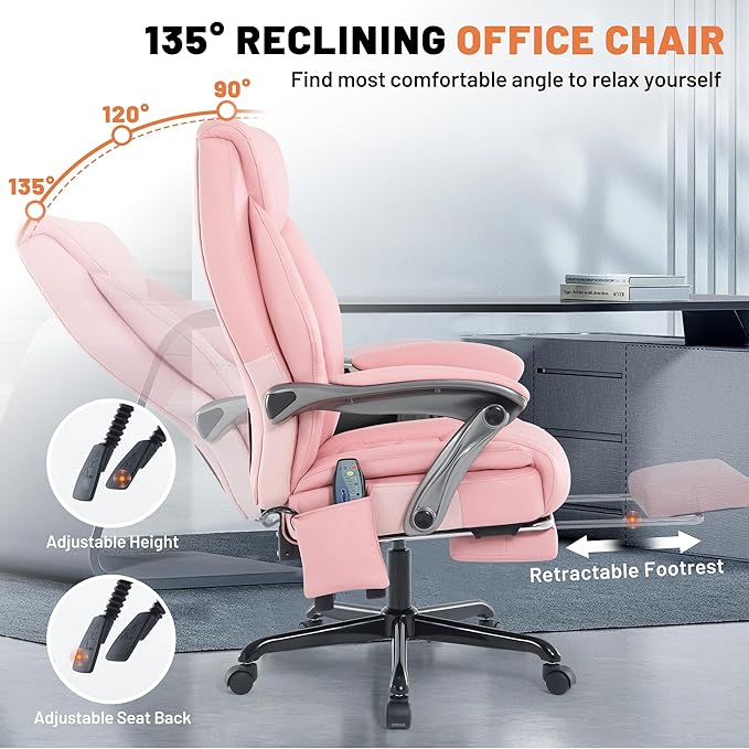 Massage Office Chair with Heat & Foot Rest, 6 Points Vibration, Ergonomic Executive Reclining Desk Chair, PU Leather Padded Seat for Home Office Comfort