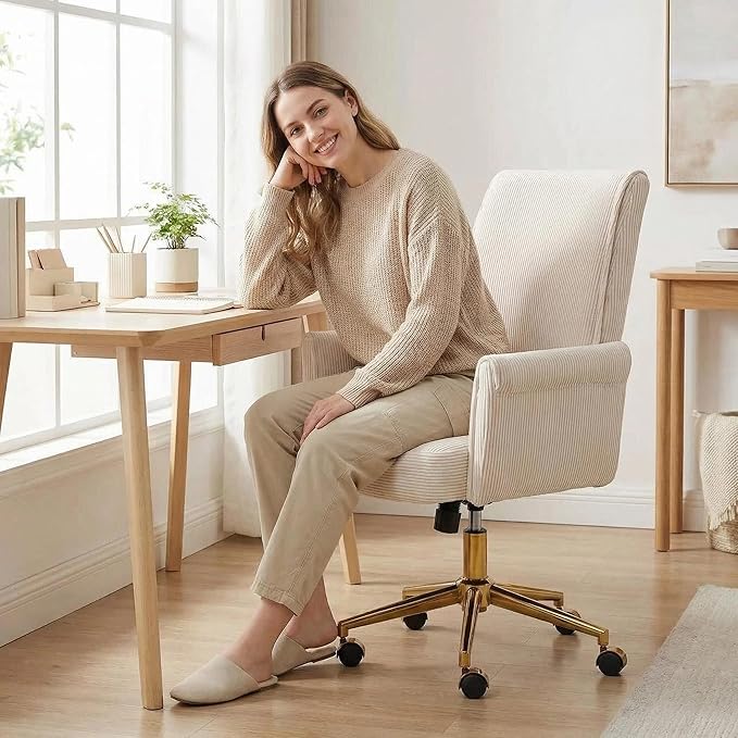 Stripes Velvet Home Office Desk Chair, Accent Upholstered Modern Height Adjustable Swivel Chair with Wheels,Ergonomic Task Chair for Living Room,Bedroom,Vanity,Study,Office（Cream）