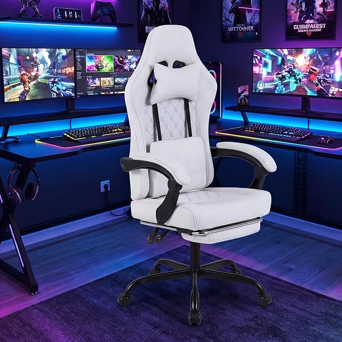 Goplus Gaming Chair, Ergonomic Office Chair with Foot Rest, Lumbar Support, Linkage Armrests, Detachable Headrest, 360°Swivel Computer Chair w/Adjustable Backrest & Height, 330 lbs Capacity (Grey)