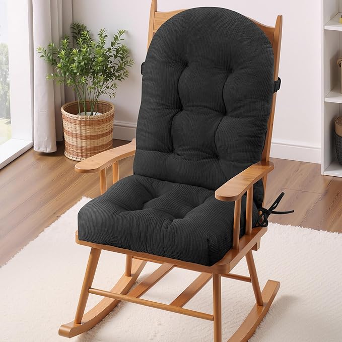 Rocking Chair Cushion - Plaid Corduroy Fabric, High-Density Sponge, Durable Comfort Non-Slip Bottom Tufted Seat Pads with Ties, Plaid Corduroy︱Coal Gray, 44x19x4 inch