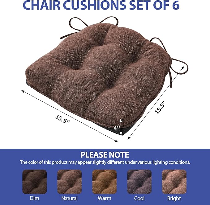 IPYNBAP Chair Cushions for Dining Chairs Set of 6, Kitchen Chair Cushions, Chair Pads with Ties and Non Slip Backing, Tufted Memory Foam Seat Cushion 6 Pack, 15.5" x 15.5" x 4", Brown