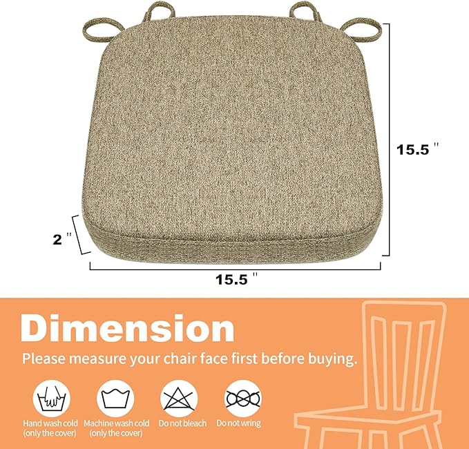 SINOSSO Memory Foam Chair Cushion for Folding Chair 1 Pcs, Thickened 2" Square Kitchen Chair Pad with Ties, Indoor Non-Slip Dining Chair Seat Cushion (1 Piece, Linen)