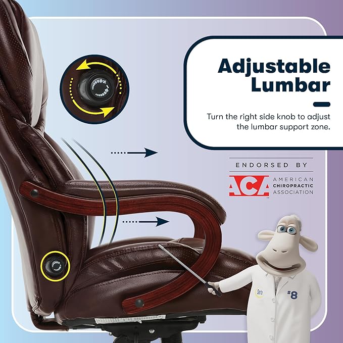 Serta Conway Big & Tall Executive Office Chair, Ergonomic High-Back with Adjustable Lumbar, Semi Plush Cushion and Body Pillows, Padded Armrests, Wooden Swivel Base, Bonded Leather, Chestnut Brown