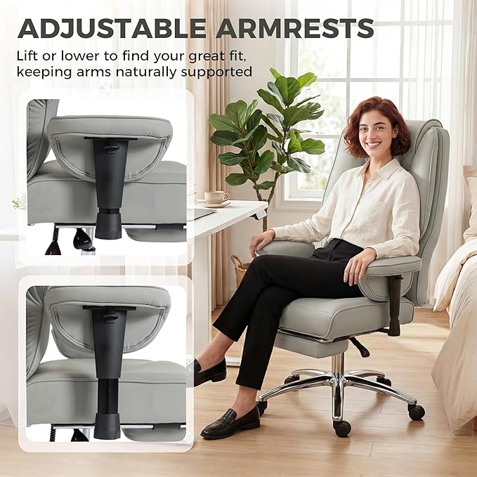 HOMCOM Ergonomic Executive Office Chair with Foot Rest, Reclining Swivel Computer Desk Chair with Adjustable Armrests, Spring Seat, High Back, Thick Cushion, Pet Friendly Faux Leather, Light Gray