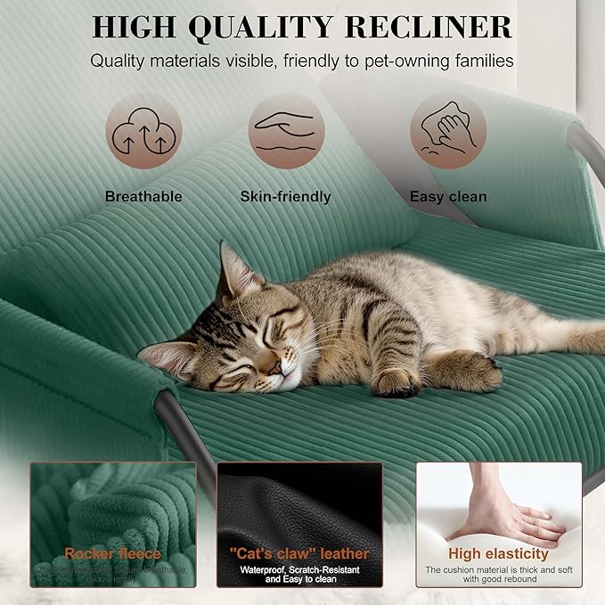 FelixKing Rocking Chair Nursery, Low-Seat Glider Chair, Upholstered Rocking Chair with Side Pocket and Foot Rest, Comfortable Modern Accent Armchair Recliner for Mom Nursery Living Room Bedroom Green