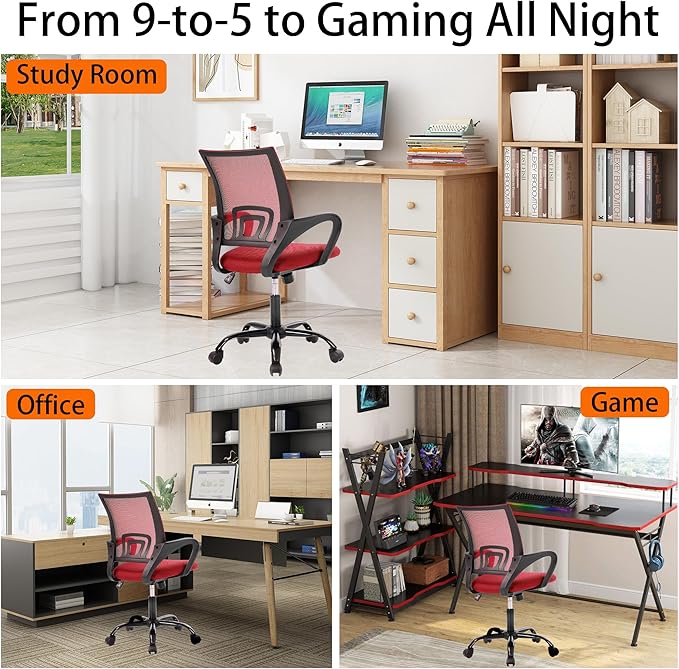 Mid-Back Ergonomic Office Chair - Supportive Mesh Computer Chair with Armrest, Adjustable Height, Swivel & Lumbar Support, Metal Base, Red