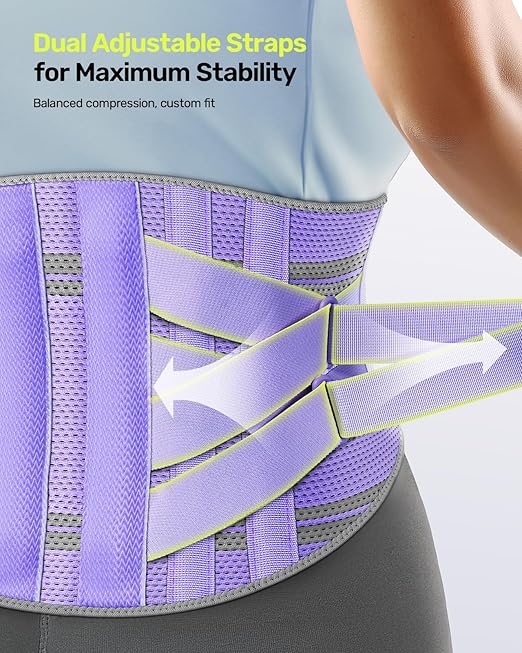 Rakiie Back Brace for Lower Back Pain Women with 9X Support System, Ergonomic Lumbar Support for Pain Relief, Breathable Mesh Design with 3D Silicone Pad for Sciatica, Sciatica,Purple Size L (Waist: 35.8"-43.7")
