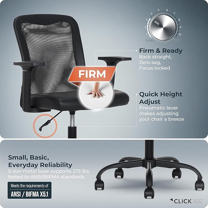 AeroCore M110 Ergonomic Mesh Office Chair, Mid-Back Desk Chair with Lumbar Support, Adjustable Height 360 Swivel, Rolling Wheels, Padded Seat, Small Space Home Office, 275 lb Capacity, Black